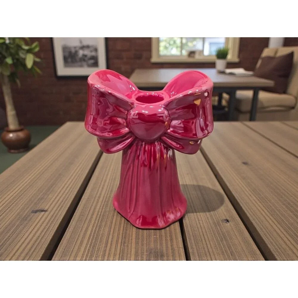 New Pink Opal Bow Bowknot Bowtie Candlestick Holder Stand Valentine’s Day Decor